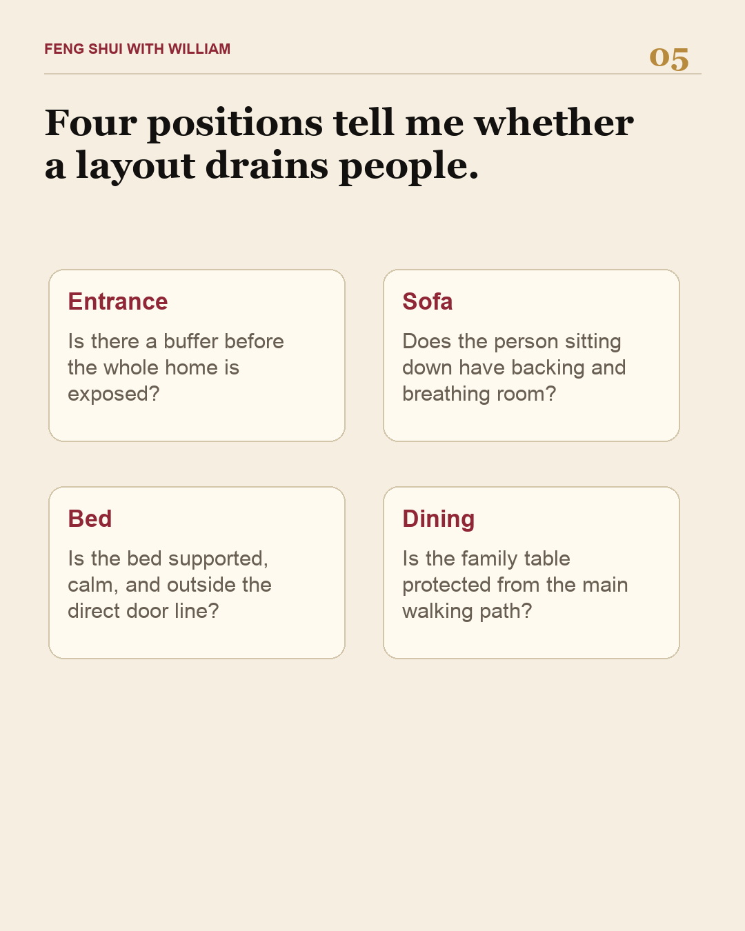 Four key home Feng Shui positions: entrance, sofa, bed and dining